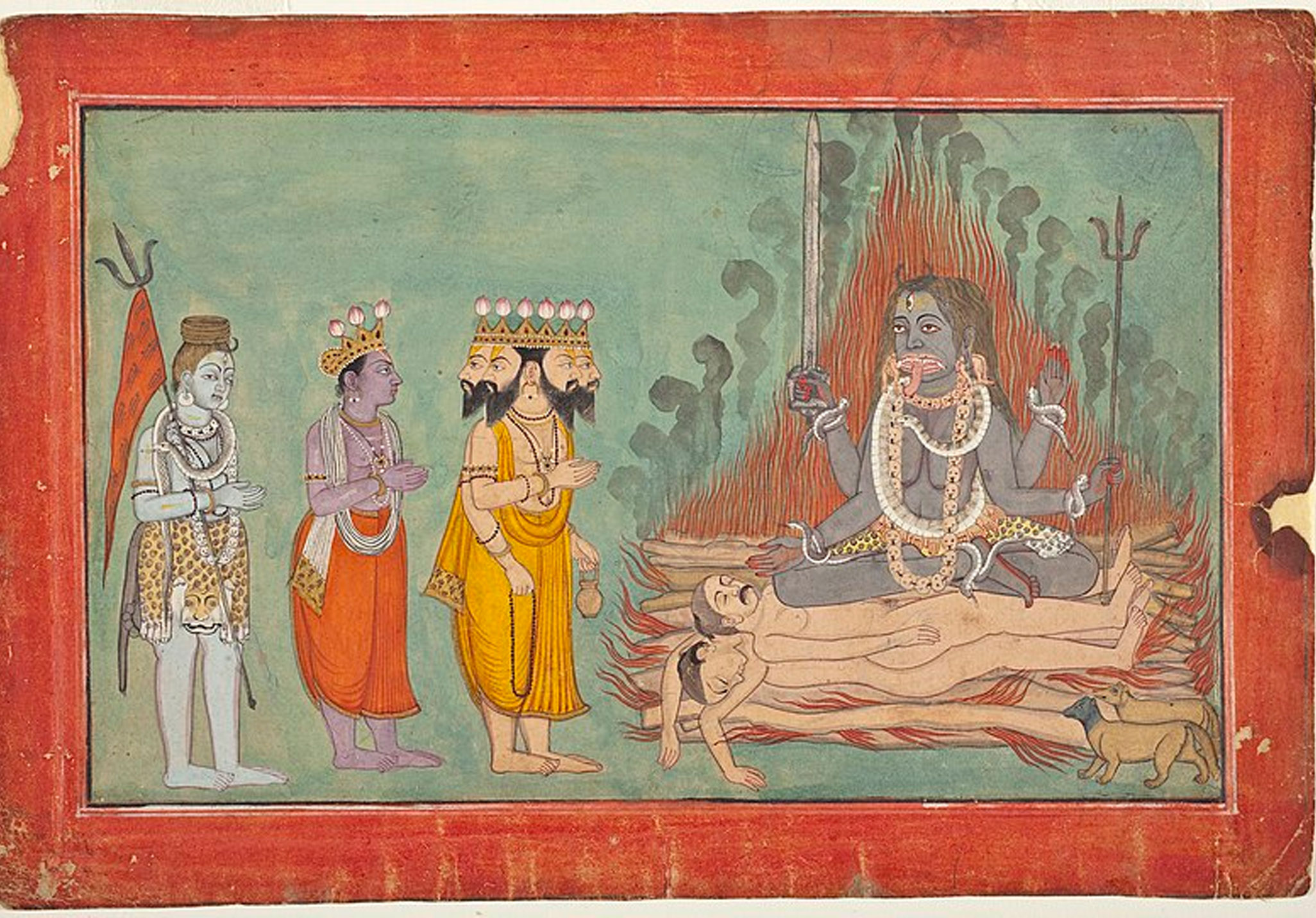 Shiva, Vishnu, and Brahma Adoring Kali, Basohli, 1740, Los Angeles County Museum of Art.